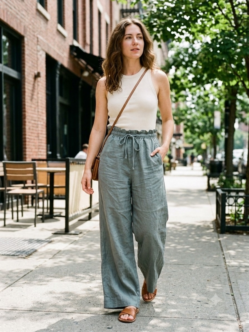 Zara Slate Gray Wide-Leg Draw String Linen-Blend Pants